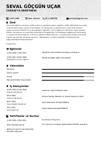 Coğrafya Öğretmeni CV Örnekleri cv indir